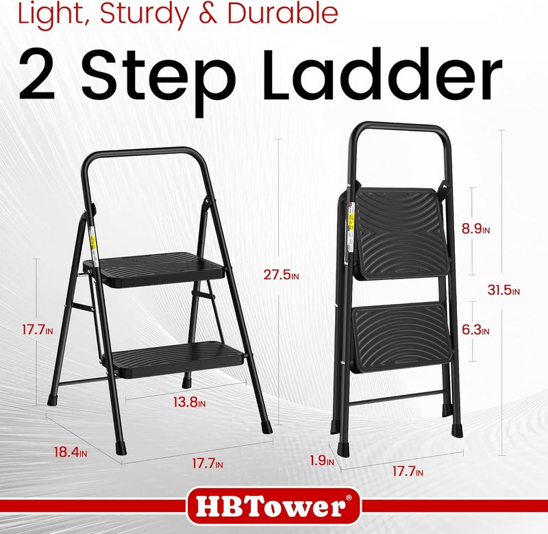 HBTower 2 Step Ladder, Step Stool with Wide Anti-Slip Pedal, Step Ladder Folding Step Stool for Adults, Lightweight Steel Portable ladders for Home Kitchen - Image 2